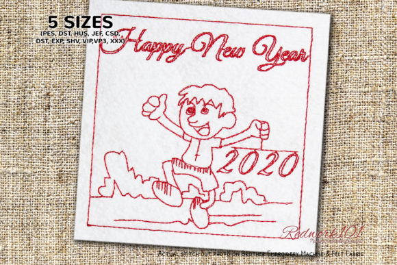 Happy Boy Celebrating New Year Redwork
