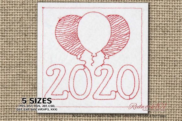 Happy Year 2020 Ballooons Redwork